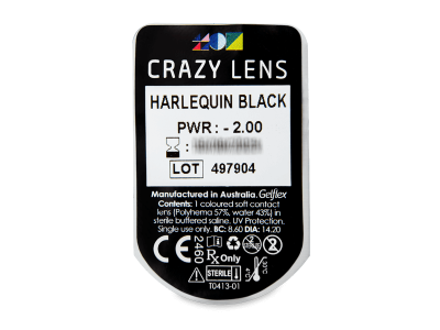 CRAZY LENS - Harlequin Black - dnevne leče z dioptrijo (2 leči) - Predogled blister embalaže